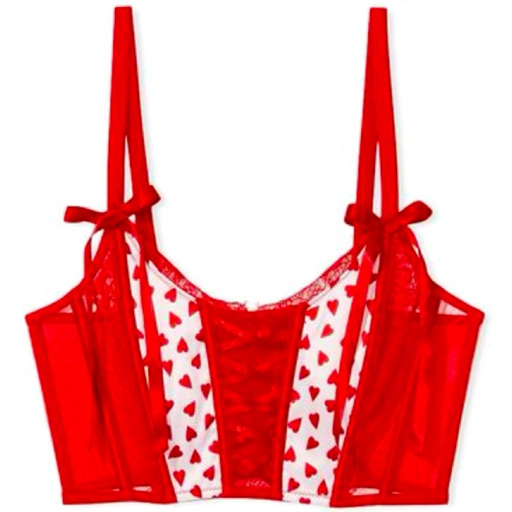 Victoria’s Secret Dream Angels Unlined Red Lace-Up Heart Print Corset Valentine